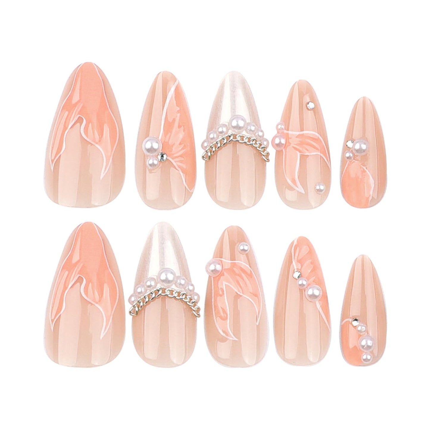 24Pcs Almond Press on Nails Medium Length 3D Fake Nails with Cute Mermaid Pearl Designs Charms Handmade Nail French Tip False Nails Press ons Summer Theme Stick on Nails for Women Manicure Decor