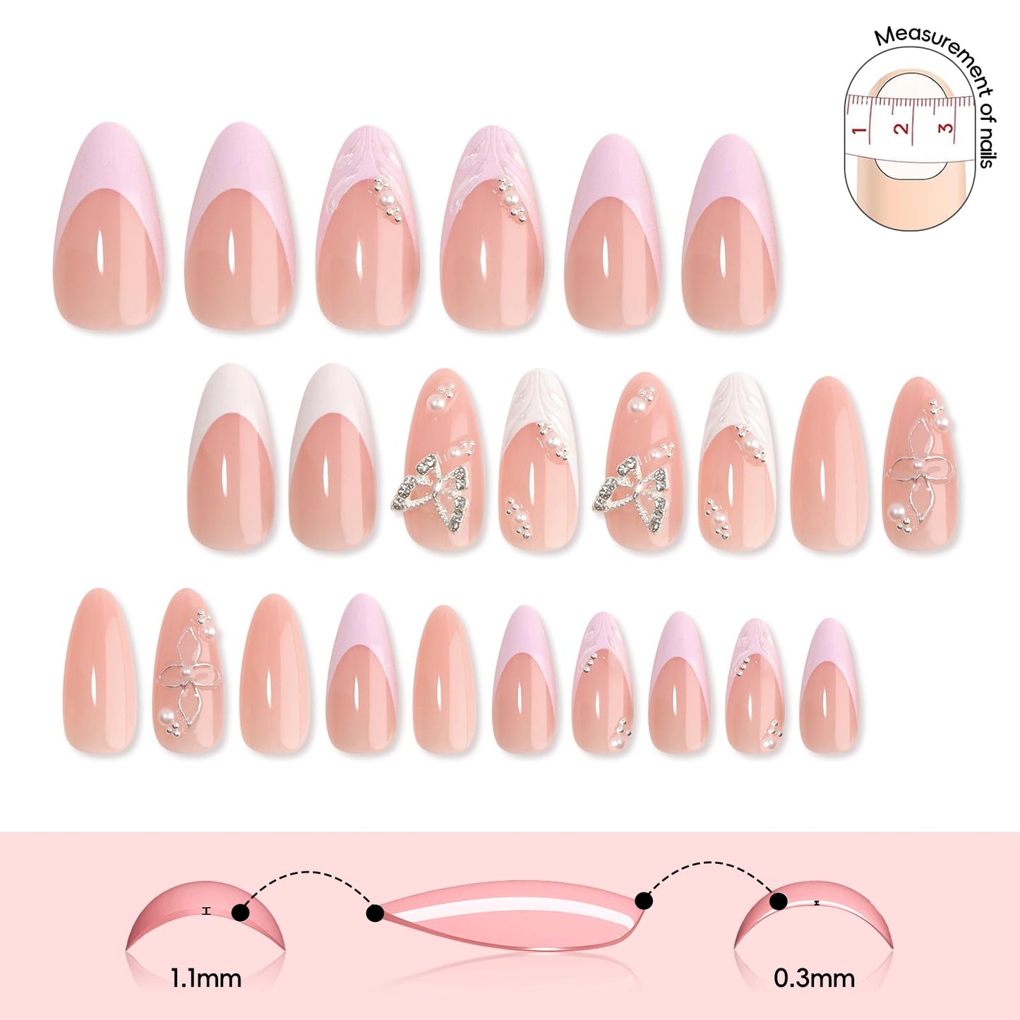 CUZIAM 48pcs 3D Butterfly Press on Nails Toenails Set, Medium Almond Flower Fake Nails & Short Toe Nails with White French Tip Design, Summer Vacation Beach False Toenail with Glue Full Kit for Women
