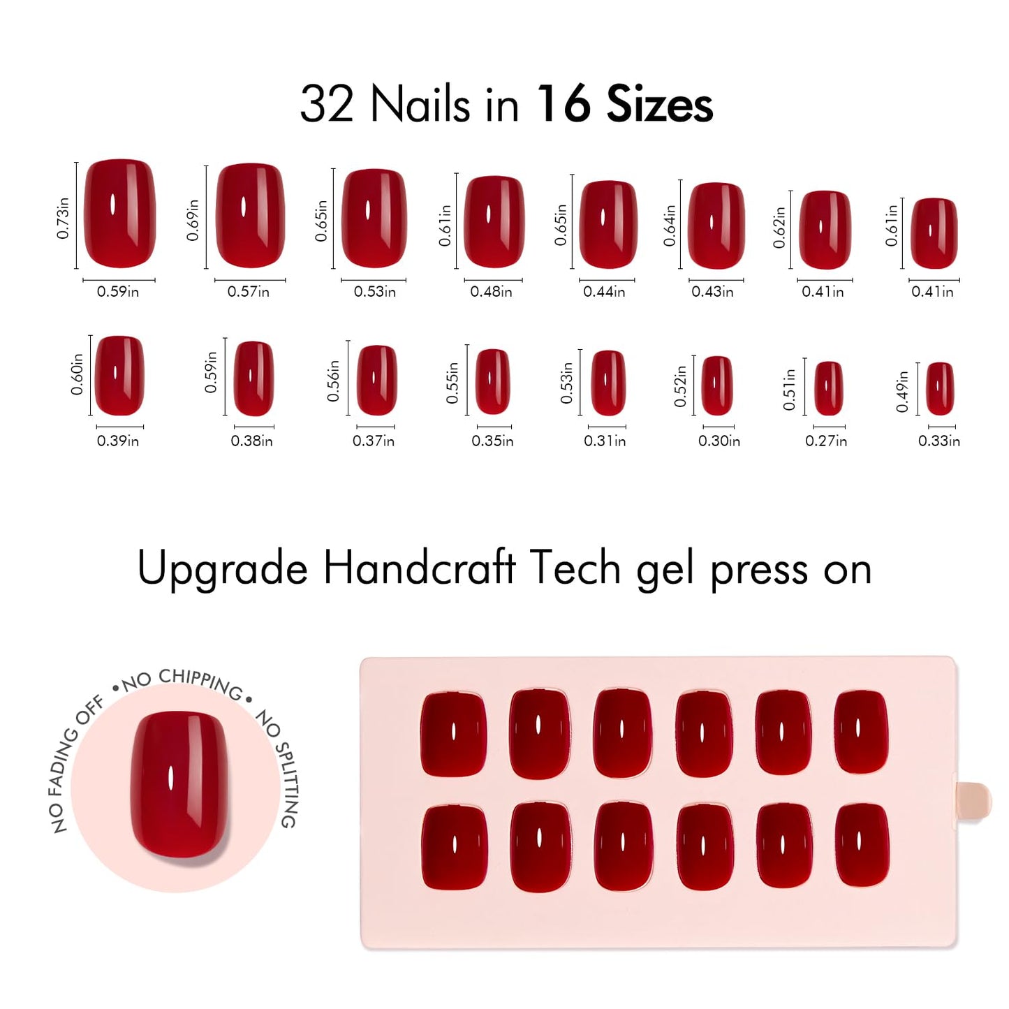VSALON Short Square Press on Nails - Red Glossy Pastel Fake Nail Kit for Women,Reusable Gel Opaque Spring Summer Glue on Nails with Glue & Cuticle Oil - 32 PCS Stick on Nails in 16 Sizes