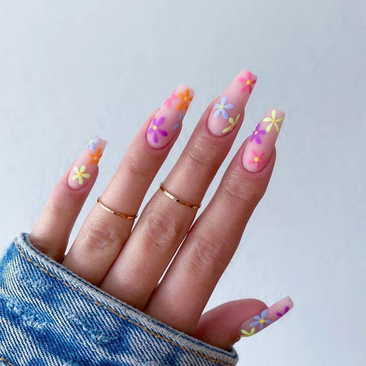 BABALAL Matte Press on Nails Long Coffin Fake Nails Pink Glue on Cute Acrylic False Nails with Flower Design for Women and Girls