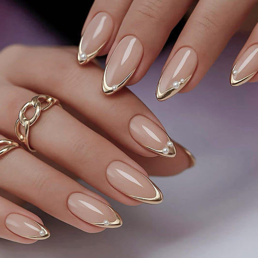 French Tip Press on Nails Almond Medium Fake Nails Elegant False Nails with Pearls Designs Gold Glossy Glue on Nail Full Cover Wedding Acrylic Nails for Women Girls 24Pcs