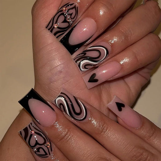 CTTHNBD Medium Press on Nails Square - Black French Tip Fake Nails with Heart Stripes Design - Rhinestone, Stick on False Nails - for Women 24 Pcs