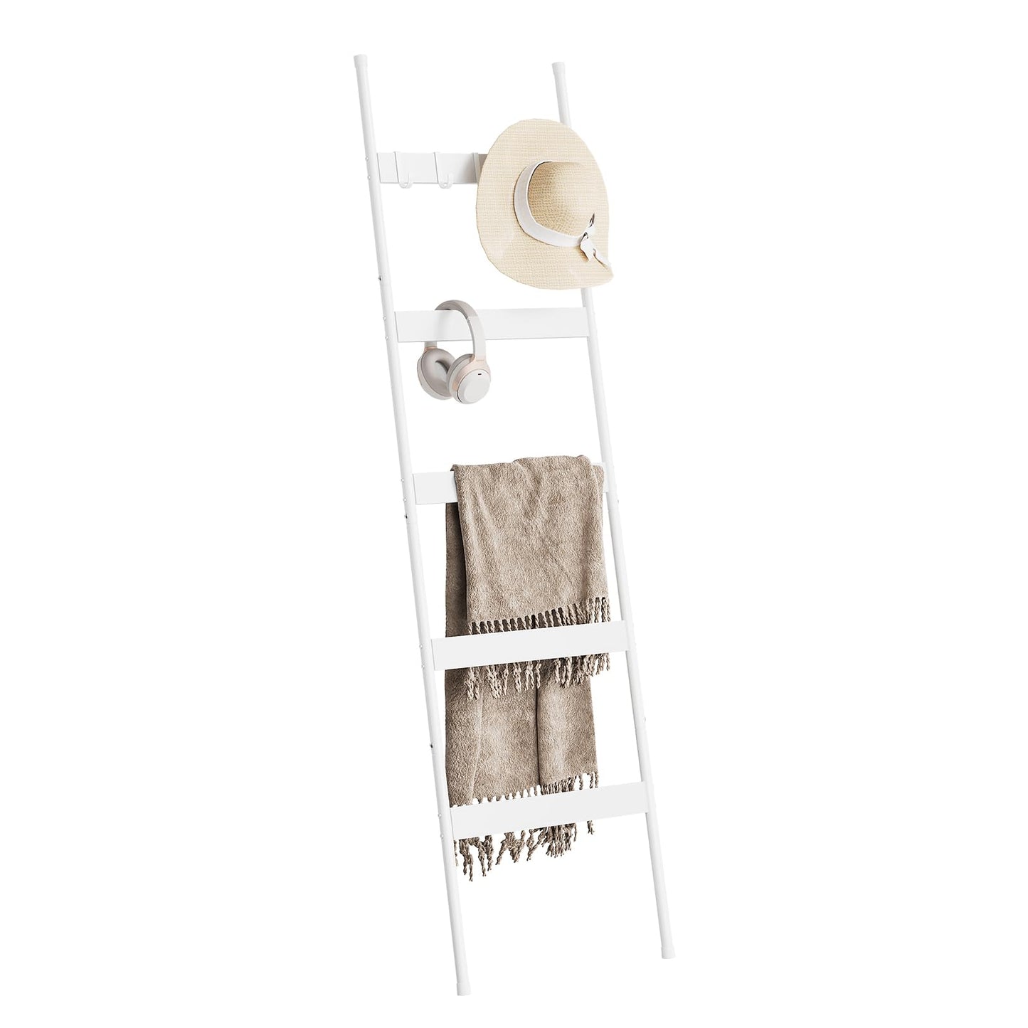 ELYKEN Blanket Ladder for Living Room, Farmhouse 5-Tier Quilt Holder with 4 Removable Hooks for Bathroom, Wood Towel Rack Display, Wall Anchor Leaning Decorative Stand for Home, White