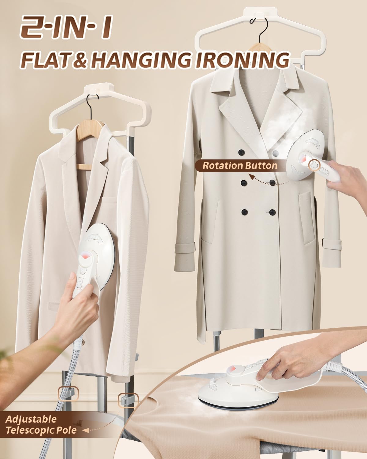 Hapyvergo Standing Garment Steamer with Rotating Nozzle, 1500W Upgraded Steamer for Clothes Heats in 25s for 60min Steam, 1.6L Tank, Self-Cleaning, Dual-Protection Tech, Ironing Board, Hanger, Gloves