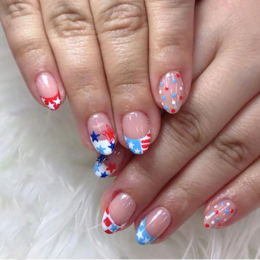 24Pcs 4th of July Press on Nails Petite Short Almond Fake Nails Red White Blue Star with Polka Dot Designs American Flag Full Cover Glue on Nails French Tip False Nails Cute Stick on Nails for Acrylic