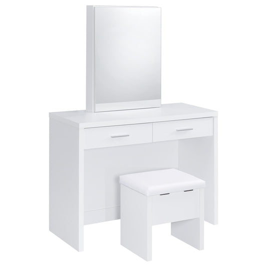 Coaster Home Furnishings - Bunbury - Wood - Makeup Vanity Table Set with Rectangular Storage Mirror, Dual Drawers, and Upholstery Stool - Bedroom - White - 930280