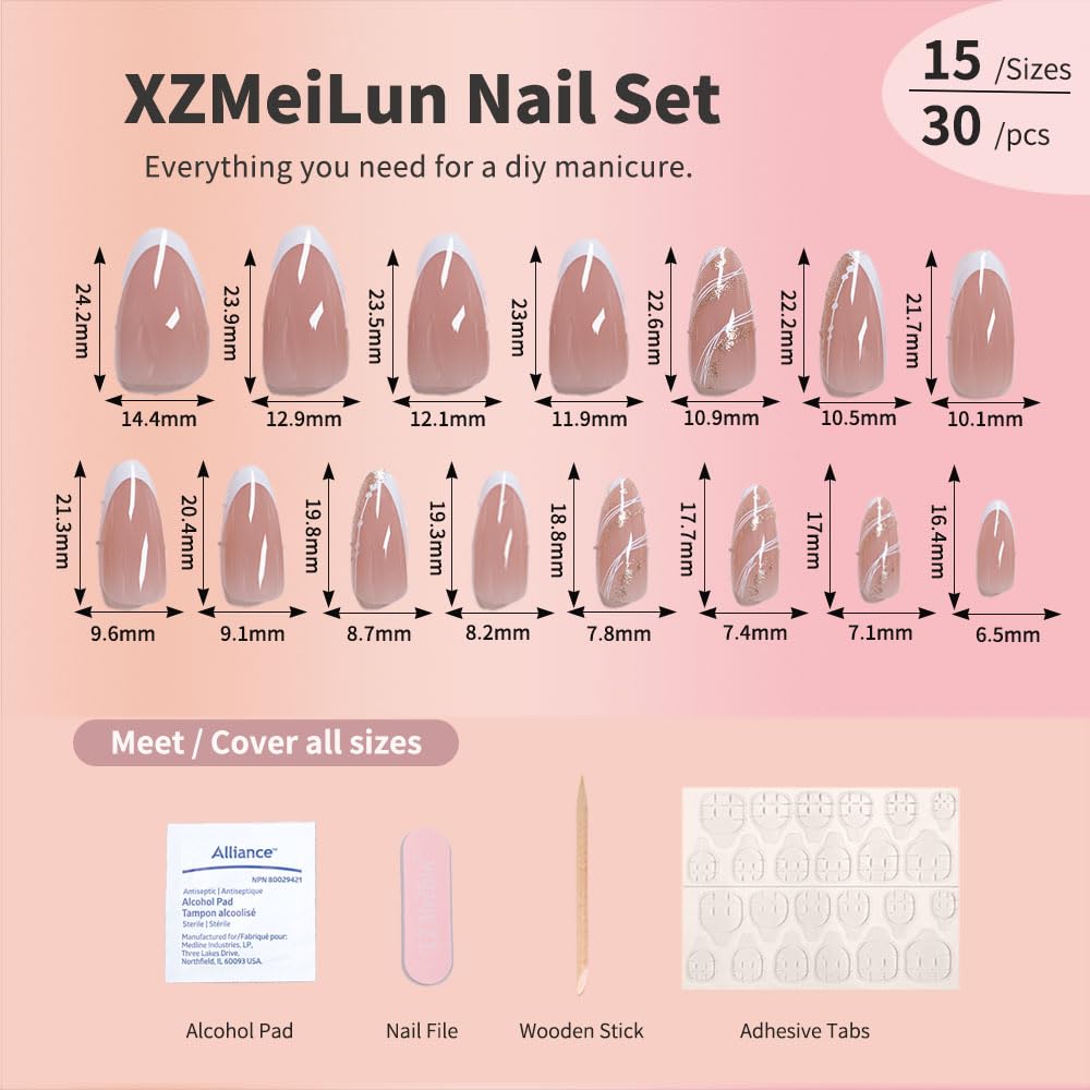 XZMeiLun Spring Summer White French Tip Press On Nails, Medium Almond Shape, Rose Gold & Golden Shiny Designer Fake Nails, Reusable Acrylic False Nails, Salon Quality for Women & Girls Daily Wear