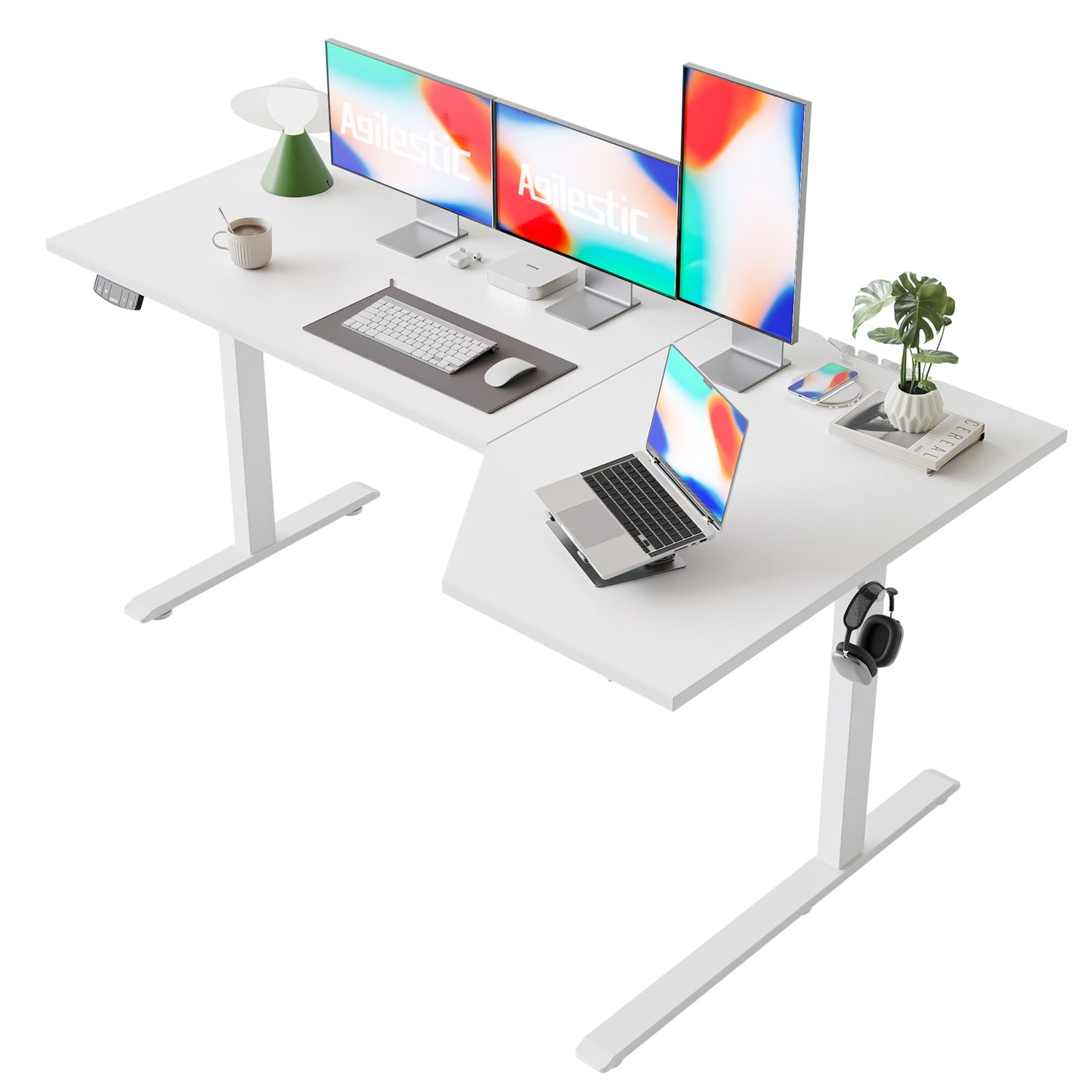 Agilestic Electric Standing Desk, Height Adjustable Desk, 63 x 35 Inch Sit Stand up for Work Office Home, L Shaped Ergonomic Rising Computer Table with Memory Preset, White