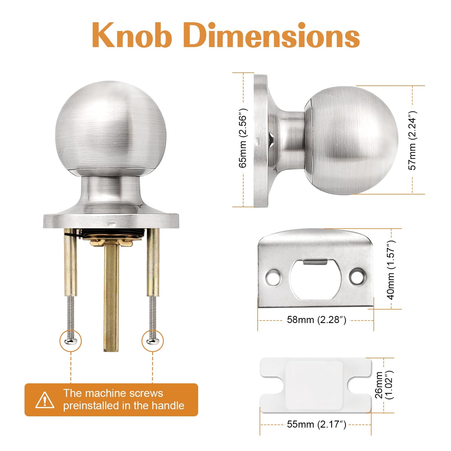 Probrico Brushed Nickel Passage Door Knob for Hallway Closet, Keyless Interior Door Knobs, Non-Locking Round Door Knob, 8 Pack