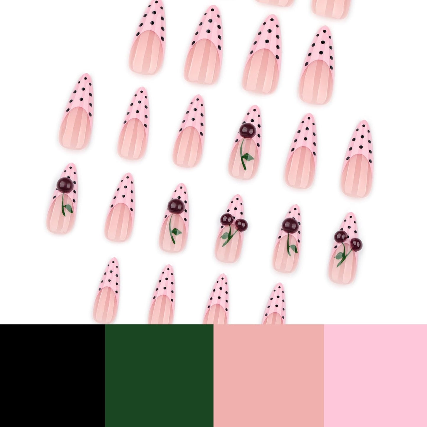 Long Almond Press on Nails for Women 3D Cherry Polka Dot Fake Nails Artificial Stick on Nail