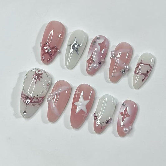 TBRZTR 24Pcs Press on Nails Medium Almond Artificial Acrylic False Nails French 3D Star Bow with Rhinestones Pearl Stick on Nail Full Cover Reusable Coffin Artificial Fingernails for Women Manicure