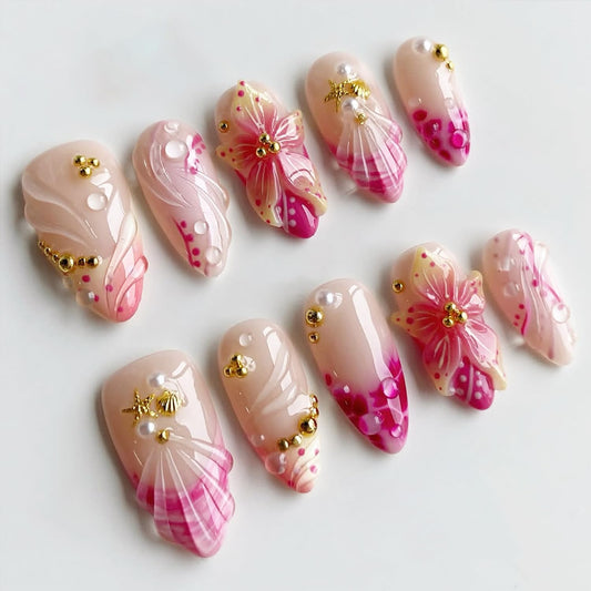 30Pcs Pink Handmade Press on Nails Medium Almond Fake Nails Gold Shell Starfish Gems Design Summer Glue on Nails 3D Flower False Nails Pink French Tip Acrylic Nails Spring Stick on Nails for Women