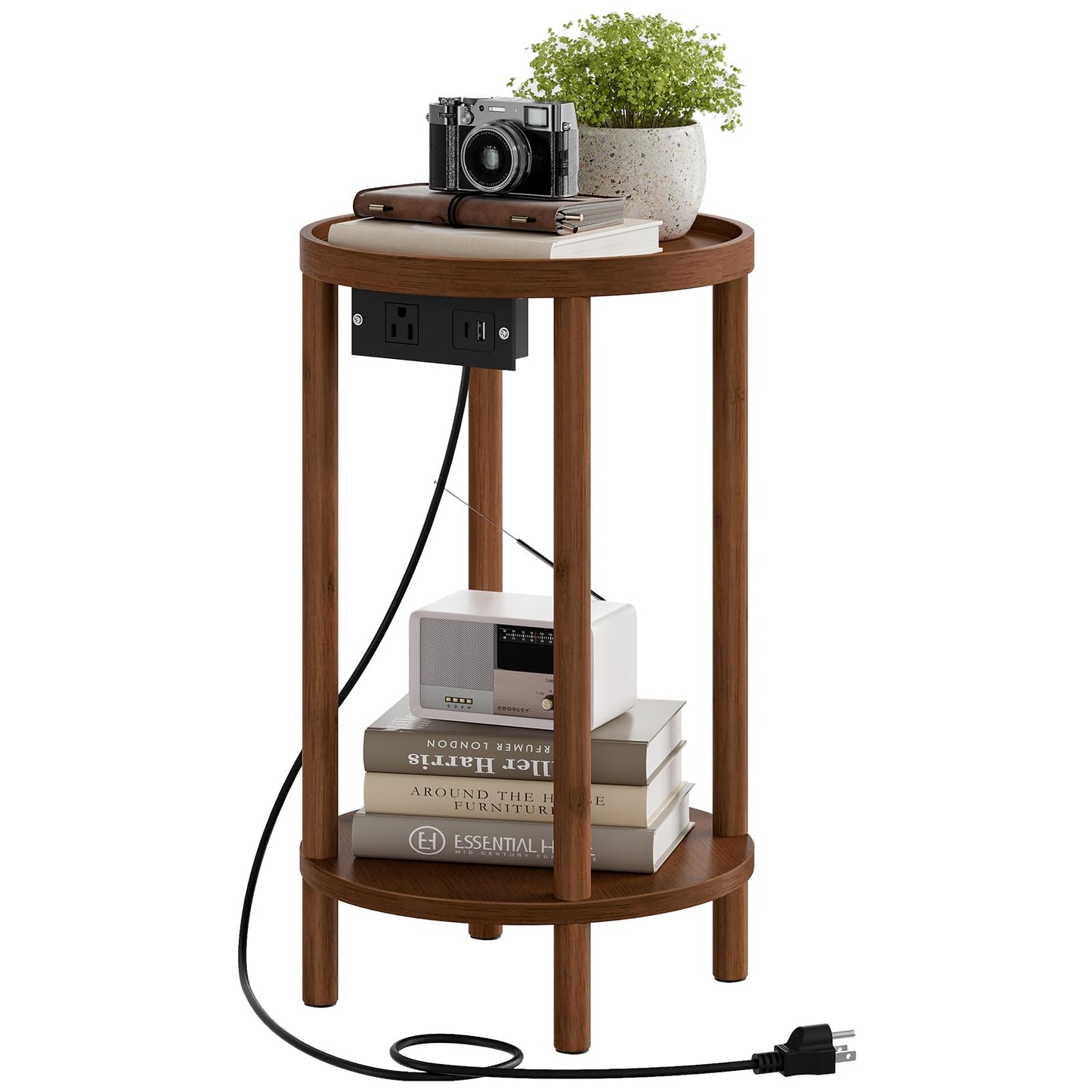 HOOBRO Small Round Side Table with Charging Station, 2-Tier Round Bamboo End Table, Compact Sofa Bedside Table for Small Space, Easy Assembly, for Living Room, Bedroom, Apartment, Mocha MA156UBZ01