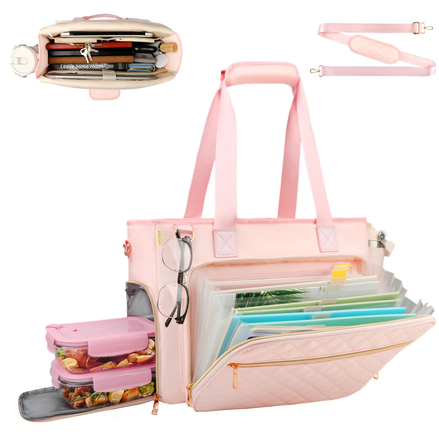 ahzske Lunch Work Tote Bag for Women with Accordion File Organizer Pocket, 3 in 1 Daily Tote Bag with Insulated Lunch Compartment& 15.6 Inch Laptop Compartment for Business Teacher Nurse (Pink)