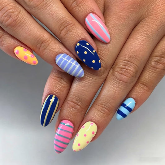 Colorful Press on Nails Medium Almond, Cute Summer Fake Nails with Stripe & Polka Dot Design, Cute Acrylic Nails Press ons Reusable Full Cover Glue on Nails for Women Girls Manicure 24Pcs