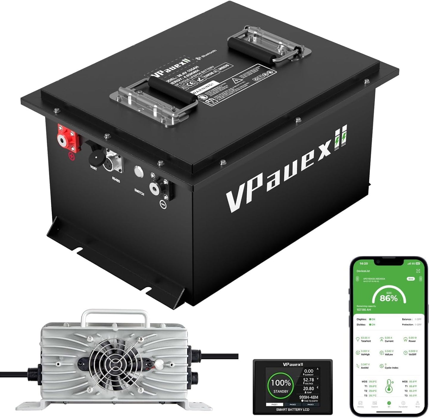 36V Lithium Golf Cart Battery,36V 105Ah Golf Cart Batteries with 25A Charger,Built-in 200A BMS,Metal Casing,Supports Mobile APP,Touch Monitor,6000+ Cycles,Peak Current 600A,Max 7.68kW Output Power