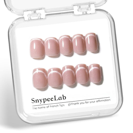 SnypeeLab Nude Pink Cat Eye Press on Nails Short Square, French Tip Short Square Glue on Nails for Women Gift, Reusable Soft Gel Press on Acrylic Nail with Designs 30Pcs(Nude Pink2)