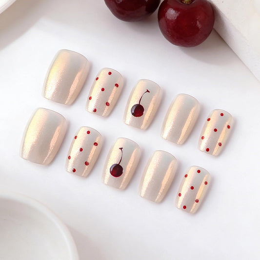 MISUD Press on Nails - Short Square Fake Nails with White Chrome, Acrylic Polka Dot Cherry Design 30 pcs