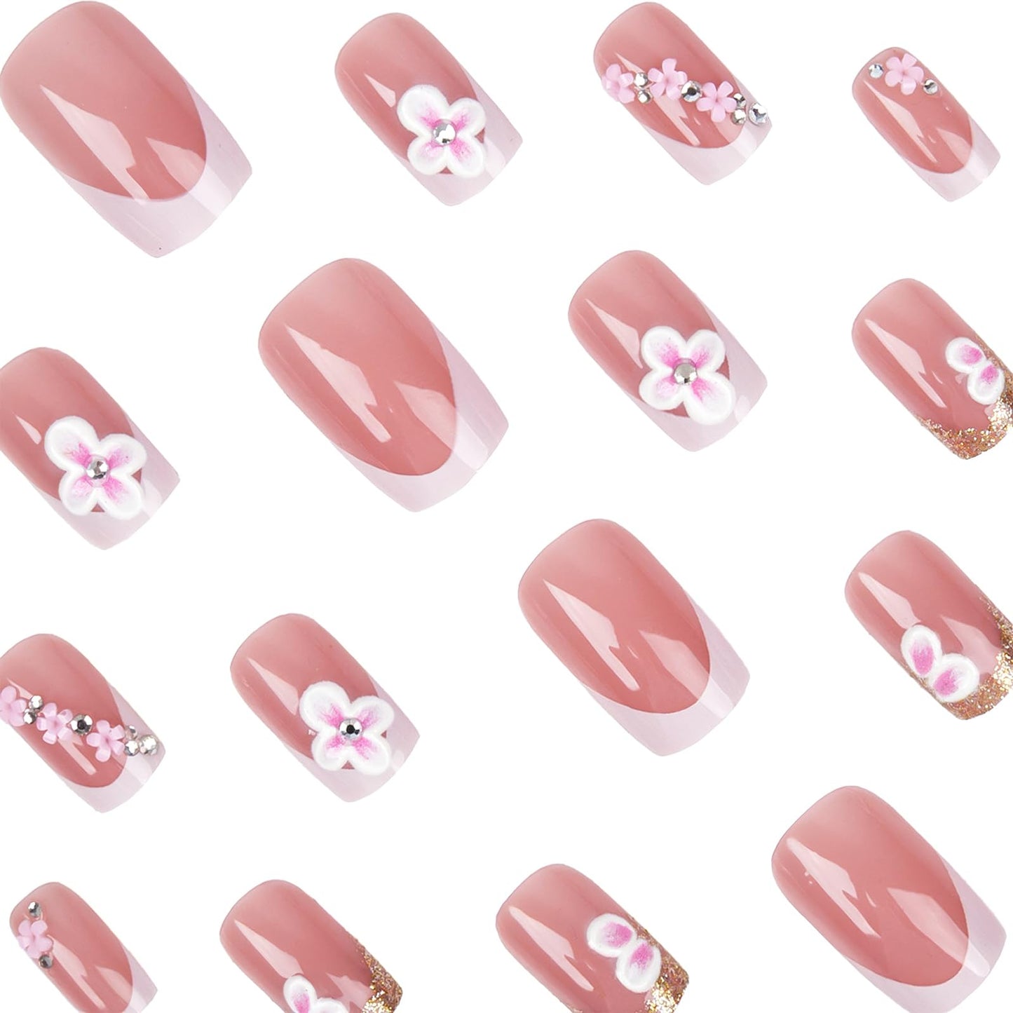 Jremg White French Tip Press on Nails Medium Square Fake Nails with Rhinestones Designs Cute 3D White Floral False Nails Glossy Gold Glitter French Full Cover Glue on Nails for Women Daily Wear 24Pcs