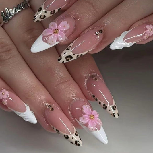 Handmade French Tip Press on Nail Almond Fake ons with Designs Chrome False Nails Long Glossy Full Cover Glue on Nails Stick Women Nails Manicure Decoration 10Pcs (MT-166-S)