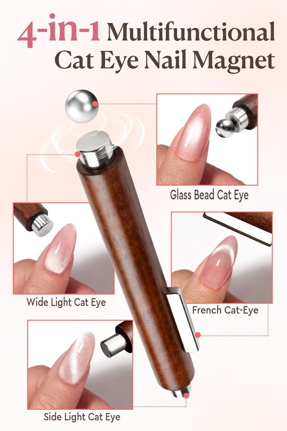 AzureBeauty 4-in-1 Cat Eye Magnet for Nails，Wooden 3-Head Nail Magnet Pens with Round Ball, Multi-Function Nail Magnets for Cat Eye Gel Polish DIY at Home Salon (Magnet Only, No Gel Included)