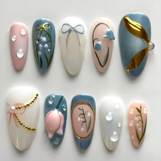 30pcs Almond Press on Nails Medium Handmade Fake Nail Art, 3D Tulip Water Drop Removable Design French Tip Press on False Nail Tips Light Blue Artificial Acrylic Nail Spring Summer Nails Set