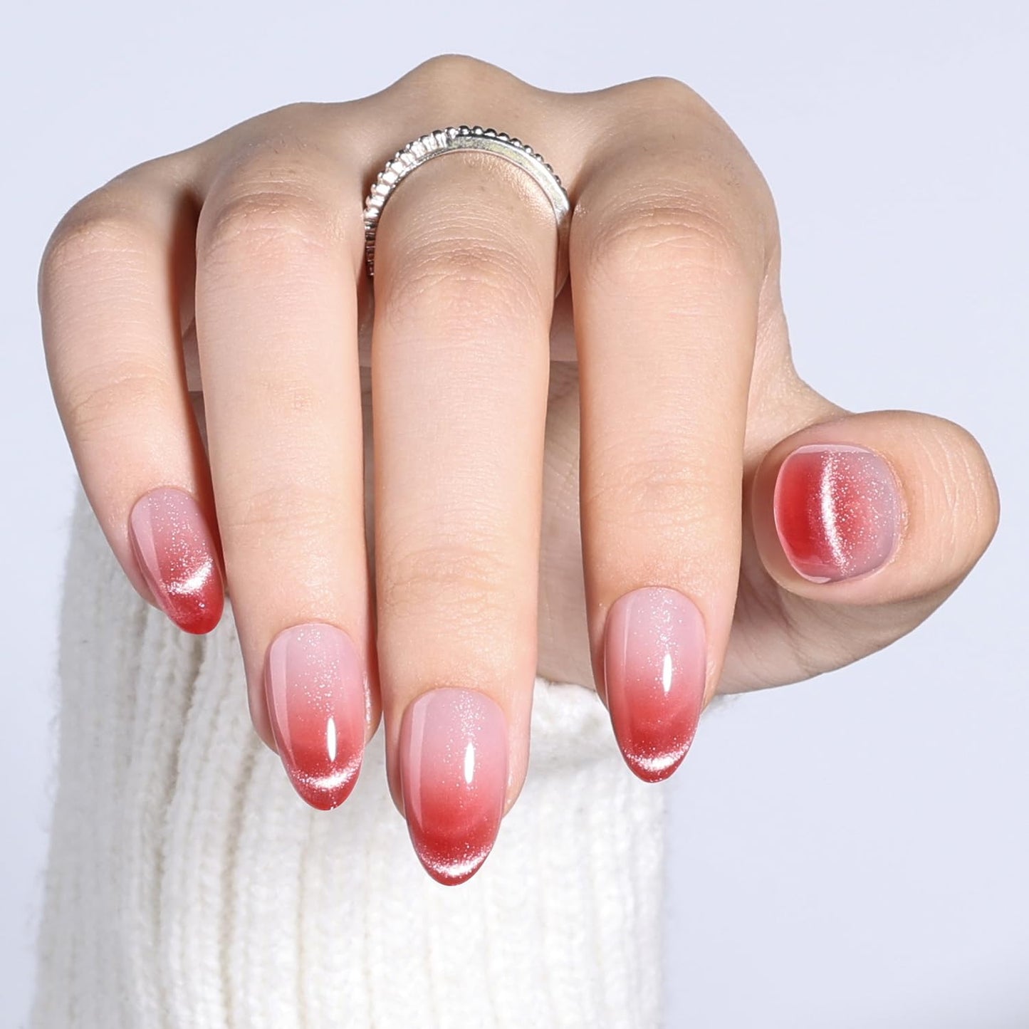 Leefrei Cat Eye Press On Nails Short Almond - Red to Nude Gradient Fake Nails with Shimmer, Reusable Glue On Nails for Women, 16 Sizes 32 Pieces Nail Kit with Glue, Crimson Drift
