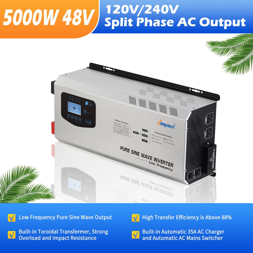 AMPINVT Off Grid Inverter Charger 5000W Peak 15000W DC 48V to 120V/240V AC Split Phase Output, with Battery AC Charger, Low Frequency Pure Sine Wave Inverter for Solar Home