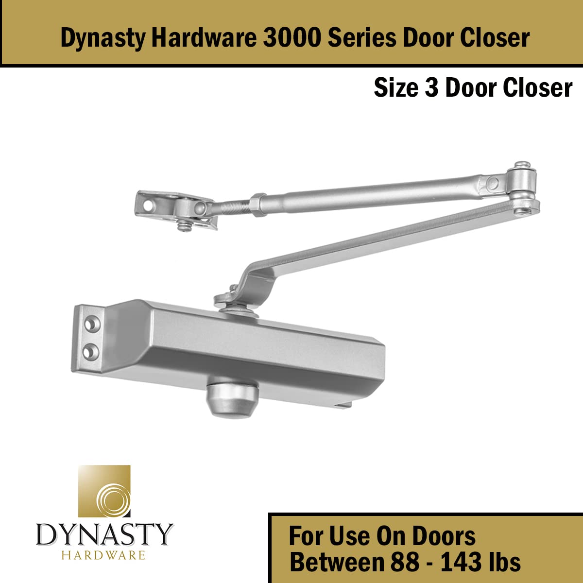 Dynasty Hardware Door Closer, Commercial Hydraulic Closer, Self-Closing, Spring Size 3, Surface Mount, Sprayed Aluminum, Series 3000