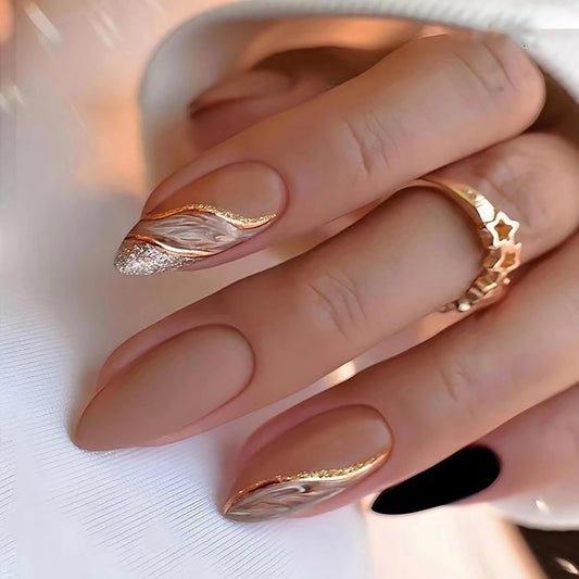 Press on Nails Medium Almond Artificial Acrylic Nails Brown French False Nails Gold Stripe Smudge Design Fall Winter Fake Nails Full Cover Glossy Reusable Coffin Nails Glue on Nails for Women 24Pcs