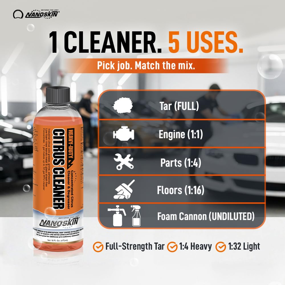 Nanoskin Heavy-Duty Citrus Cleaner & Degreaser Concentrate 5 Gallon, Low-Foam Solvent, Dilutes up to 1:32, Cuts Grease Tar Adhesives, Safe on Metal Concrete Engines, For Auto Detailing, Shop & Home