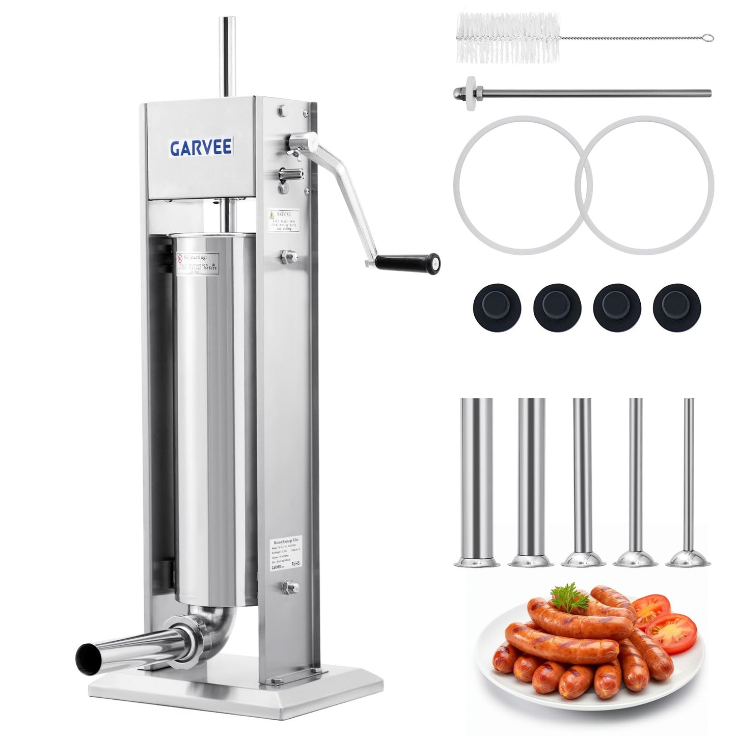 GarveeTech 15LBS/7L Sausage Stuffer, 304 Stainless Steel Manual Sausage Maker with 2-Speed Gear, Sausage Stuffer Machine with 5 Filling Tubes & Cleaning Kit for Household or Commercial Use