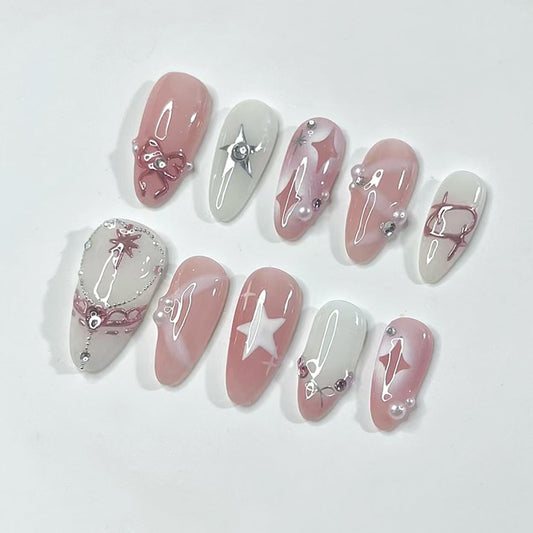 24Pcs French Tip Press on Nails Medium Almond Fake Nails Sparkling Diamond Pearl Star Bow Design French Nails Reusable Fake Nails for Wedding Party Cute Stick on Nails for Women Daily Wear