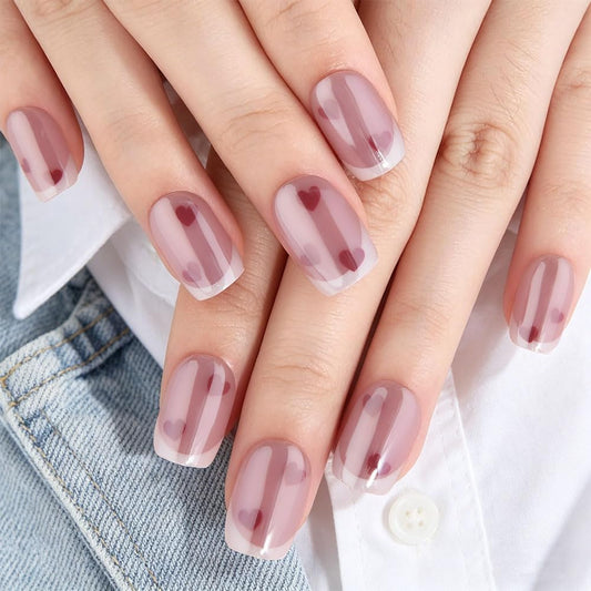 evpct French Tip Press On Nails Short Square, Pink + White Tips & Heart, Chrome Glazed Glossy Short Square Fake False Press on Nails, Reusable Gel Stick on nail Press ons with Nail Kit Salon Quality