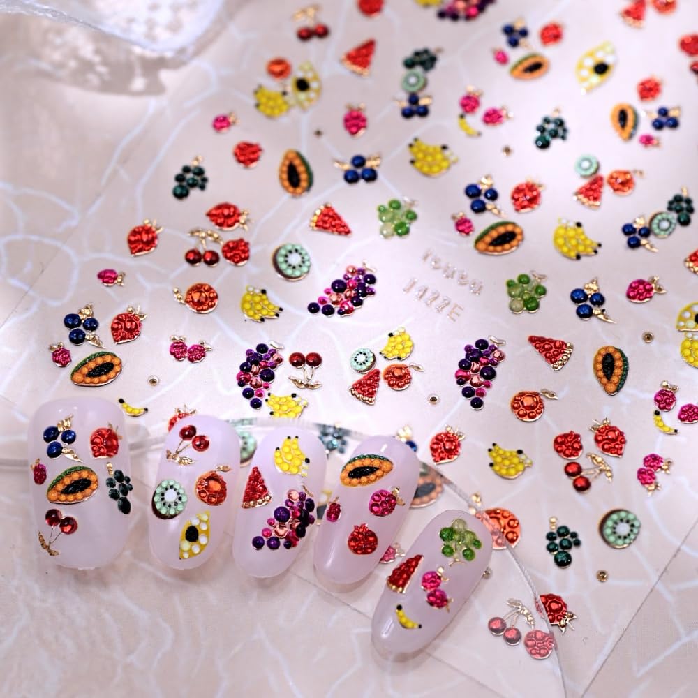 Fruits Nail Stickers Colorful Summer Nail Decals Cartoon Watermelon Banana Nail Designs Cute Jelly Gold Nails Supplies 5D Embossed Self Adhesive Red Yellow Sticker Decals for Women DIY Manicure 1Sheet