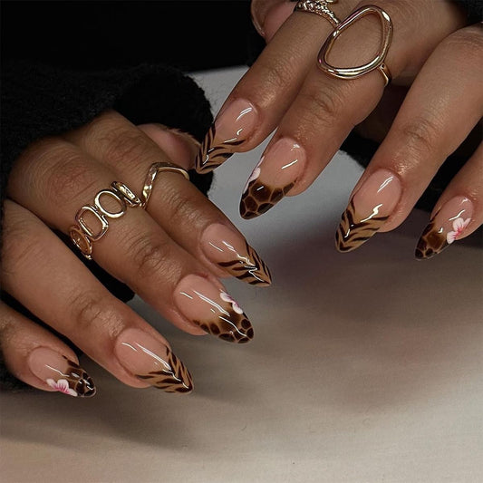 French Tip Almond Brown Leopard Print Flower Design Glue On Full Cover Stick On 24Pcs Fall Acrylic Nails for Women Manicure