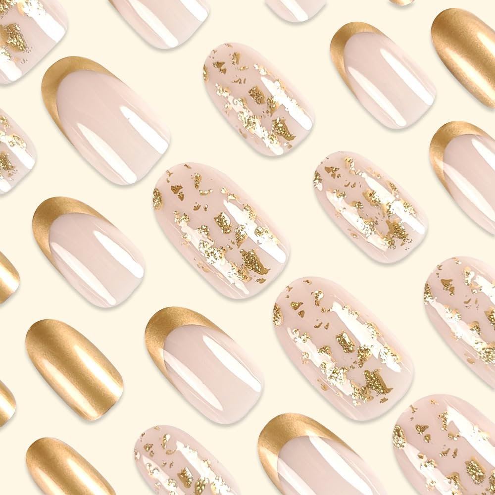 Gold French Tip Press on Nails Short Almond Fake Nails with Glitter Design - Glossy Full Cover Stick on False Nails for Women - 24 Pcs