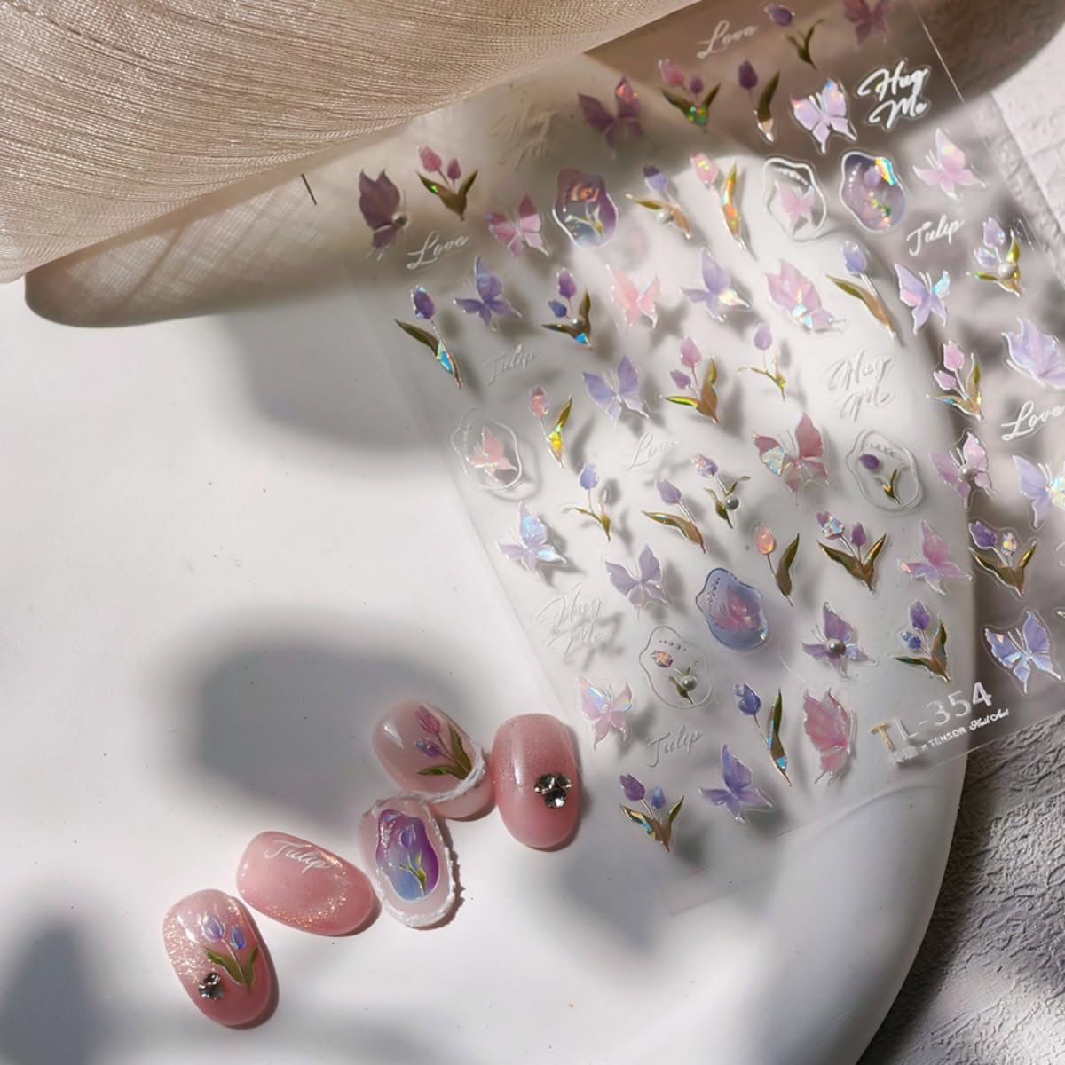 Spring Nail Art Stickers 5D Embossed Flowers Butterfly Nail Decals Laser Aurora Nail Stickers for Nail Art Pink Floral Nail Design Decoration Accessories for Women and Girls 2 Sheets