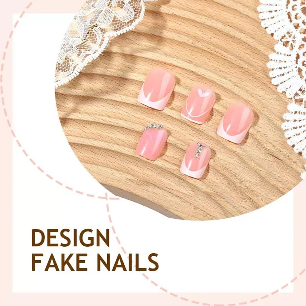 Short Press on Nails Square - White French Tip Fake Nails with Heart Design - Rhinestone, Cute Full Cover Stick on False Nails - for Women 24 Pcs