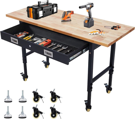 60 x 22 Workbench, Heavy Duty Adjustable Height Worktable with Rubber Wood Top, 2000 LBS Load Capacity, Tool Storage Station with Drawer, Power Outlets and Lockable Wheels, for Warehouse