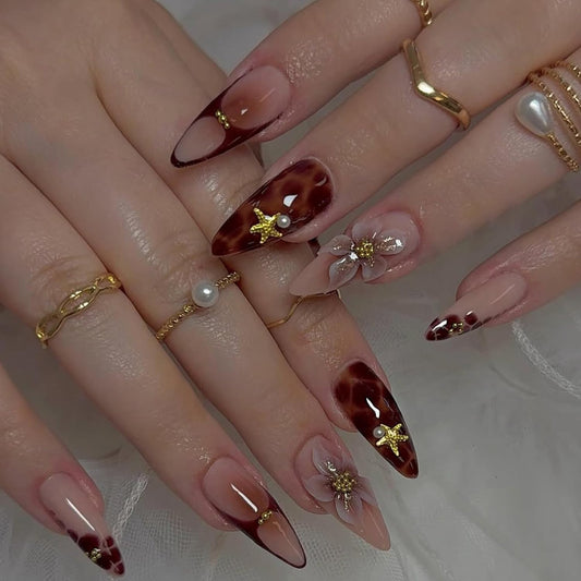 Lily Flower Press on Nails Medium Almond Artificial Acrylic False Nails French Brown 3D Metal Starfish Stick on Nails Full Cover Floral Reusable Coffin Artificial Fingernails for Women Manicure