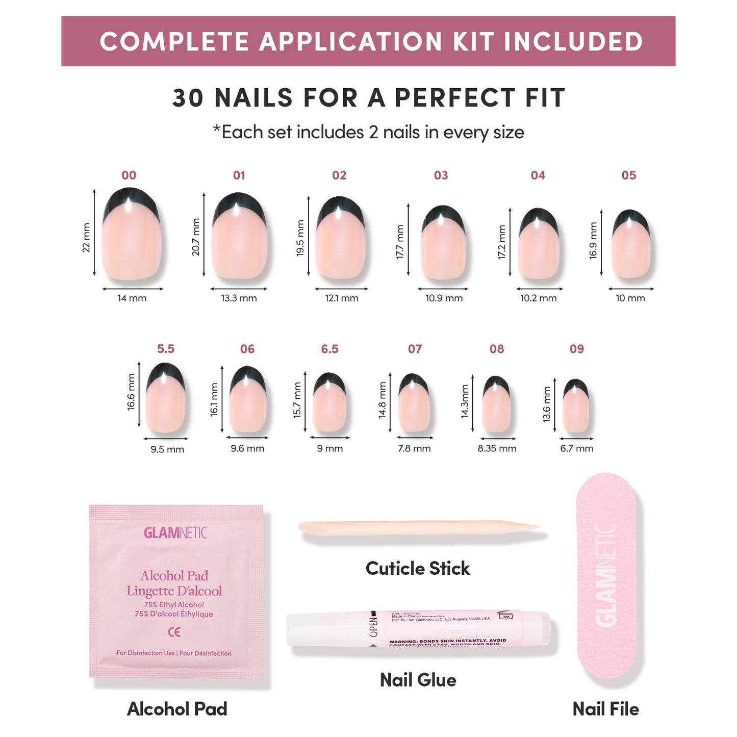 Glamnetic Press On Nails - Short Round Fake Nails, Black French Tip Nails, Onyx Glaze | 12 Sizes - 30 Nail Kit with Glue | Gift for Mom