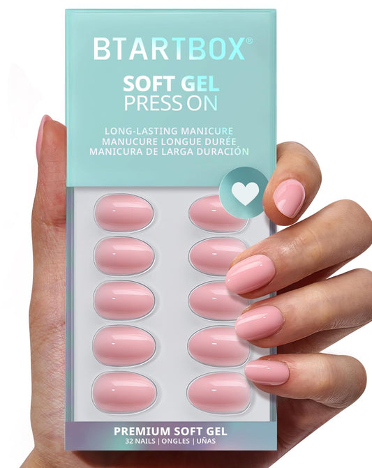 BTArtbox Press On Nails Almond - Quiet Poise, Easy-to-Apply Baby Pink Extra Short Press On Nails with Glue and Adhesive Tabs in 16 Sizes - 32 Nails All-in-One Kit