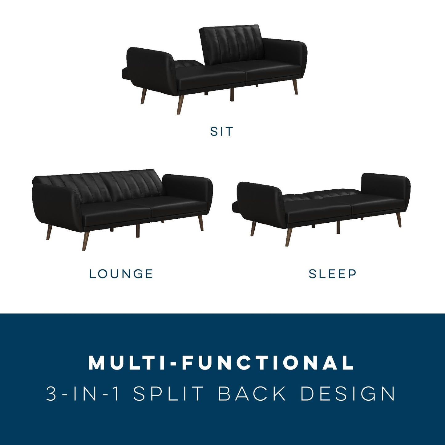 Novogratz Brittany 82 Inch Futon Sofa Bed in Faux Leather, Upholstered Couch Sleeper with Tufted Back, Mid-Century Modern Design, Black