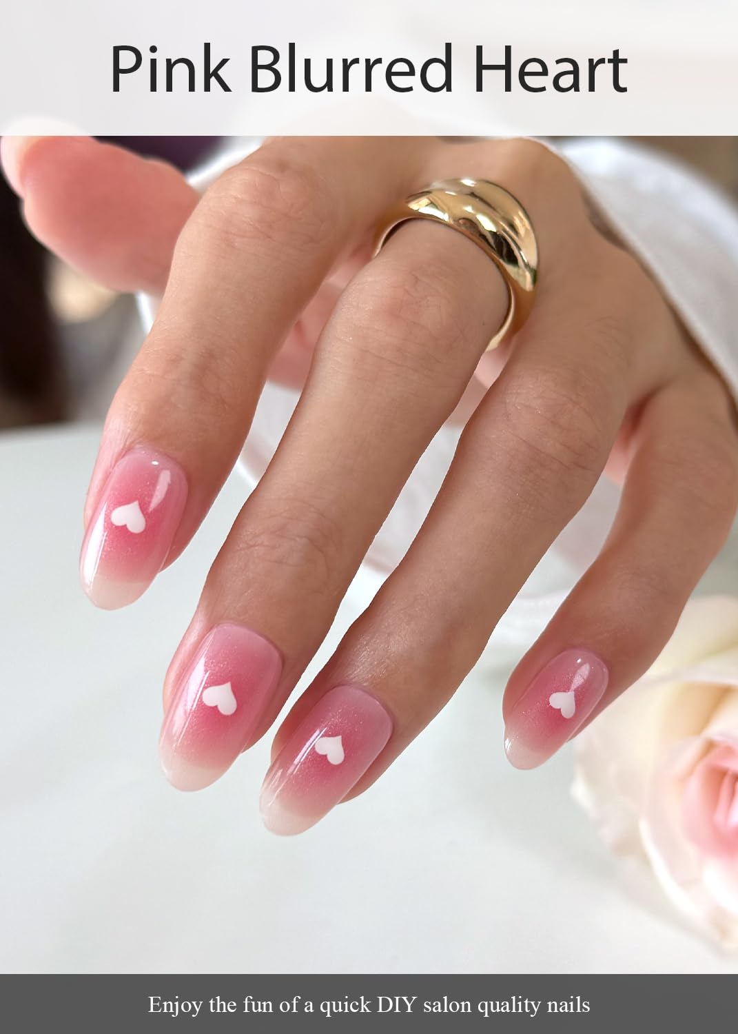 AutyaMee Semi Cured Gel Nail Strips (Pink Blurred Heart), Valentine's Day, 20 Pcs Gel Nail Wraps, Stickers, Salon Quality, Works with Any UV Lamps