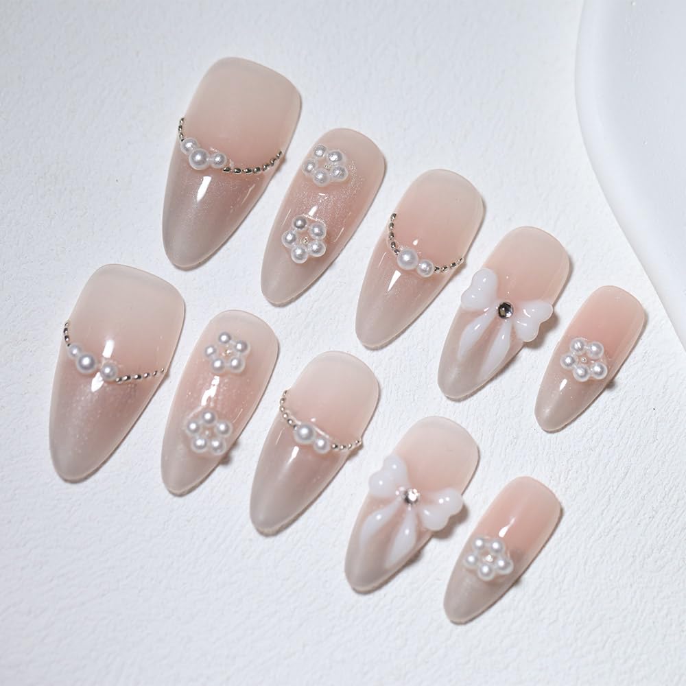 10PCS Luxury Handmade Press On Nails Nude Gradient Cat's Eye with Pearl Bow & Sparkling Rhinestones for Wedding & Party Reusable Almond Fake Nails Design Gift For Women and Girls (A021, S)