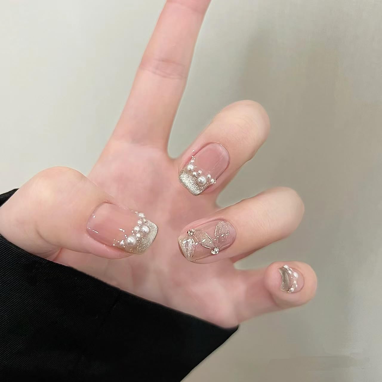GLORS Press-on False Nails, Short Square Cat Eye Silk Ribbon with French Manicure, Glitter Finish, Pink/White Ombre, 10 Pieces (XS, SS)