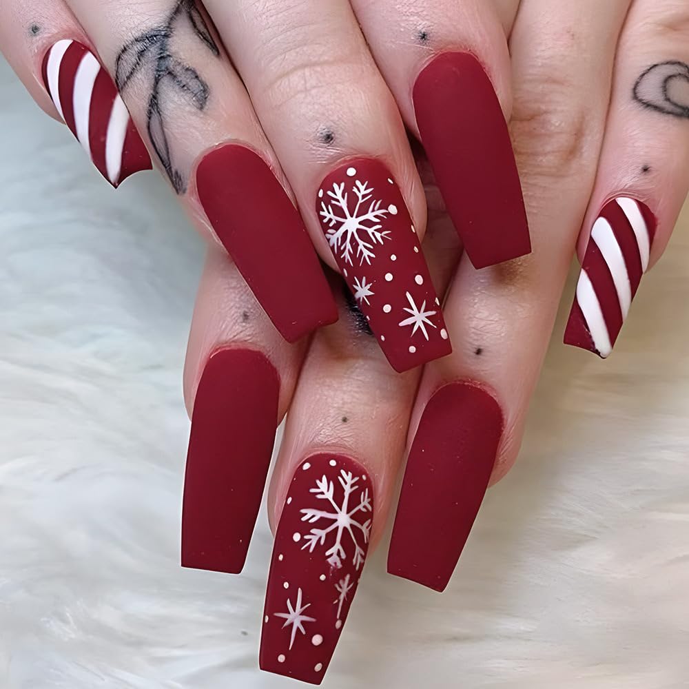 Christmas Press on Nails Long - Coffin Fake Nails with Snowflake Stripes Design - Red Full Cover Stick on False Nails -for Women 24 Pcs