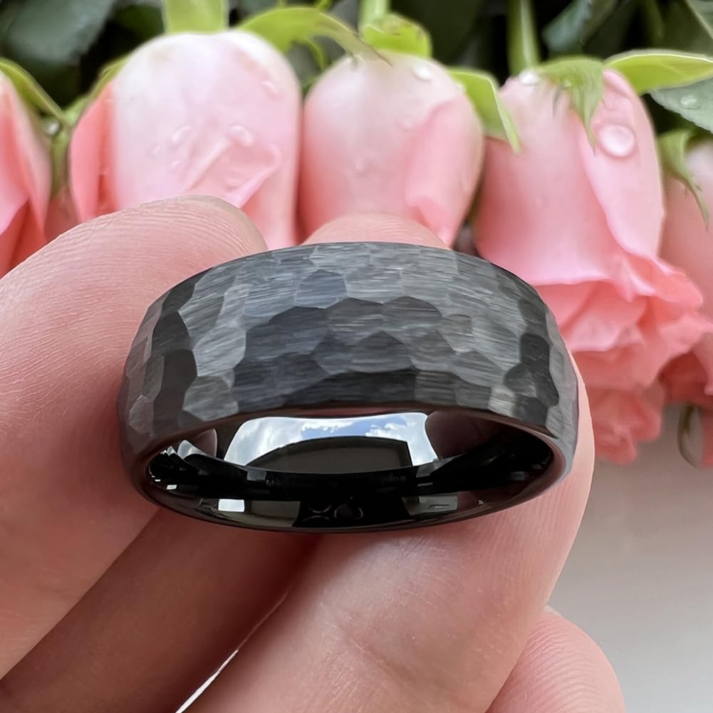 TUTISS 8mm Black Hammered Tungsten Carbide Rings for Men Women Engagement Wedding Bands Domed I Love You Engraved Comfort Fit Size 13
