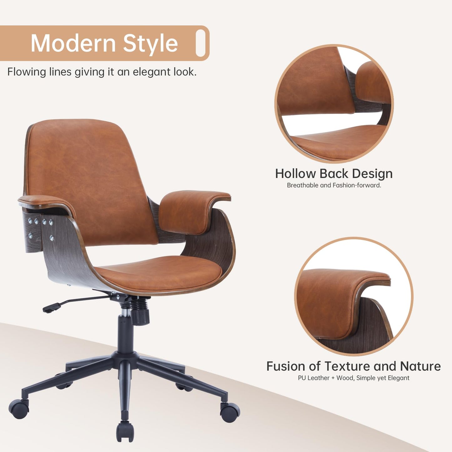 Mid Century Modern Home Office Chair,Ergonomic U-Shape Mid Back Executive Chair,Adjustable Height Swivel Computer Chair with Walnut Finish&PU Leather,Accent Chairs for Study Bedroom Workspace(Brown)